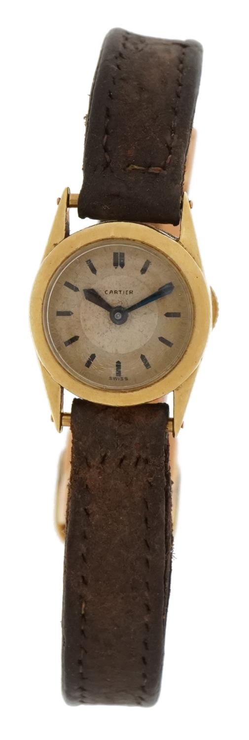 Cartier, early 20th century ladies gold Cartier wristwatch with leather strap and 18ct gold strap - Image 4 of 8