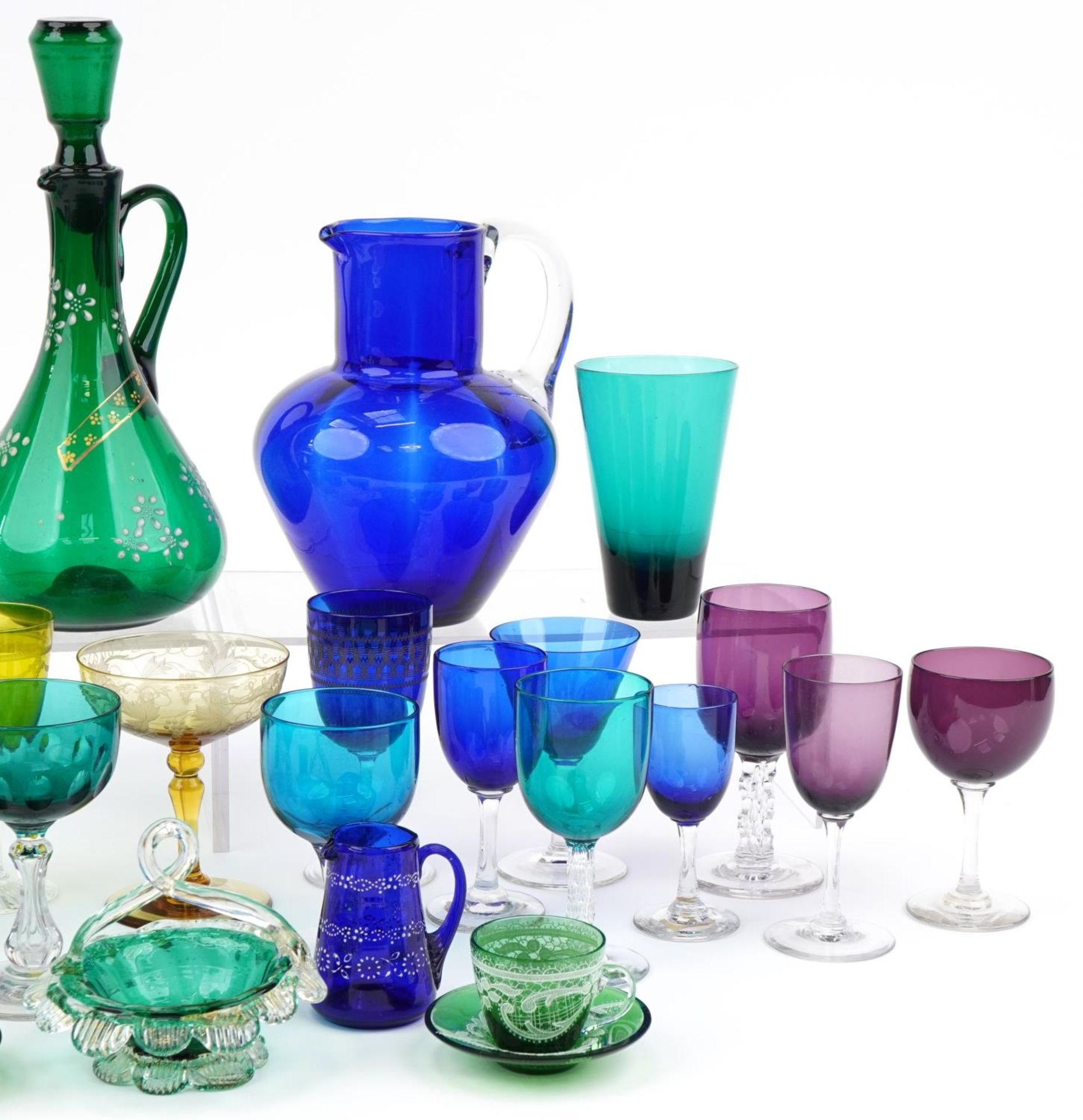 Early 19th century and later glassware including Bristol blue jug, green claret jug enamelled with - Bild 3 aus 3