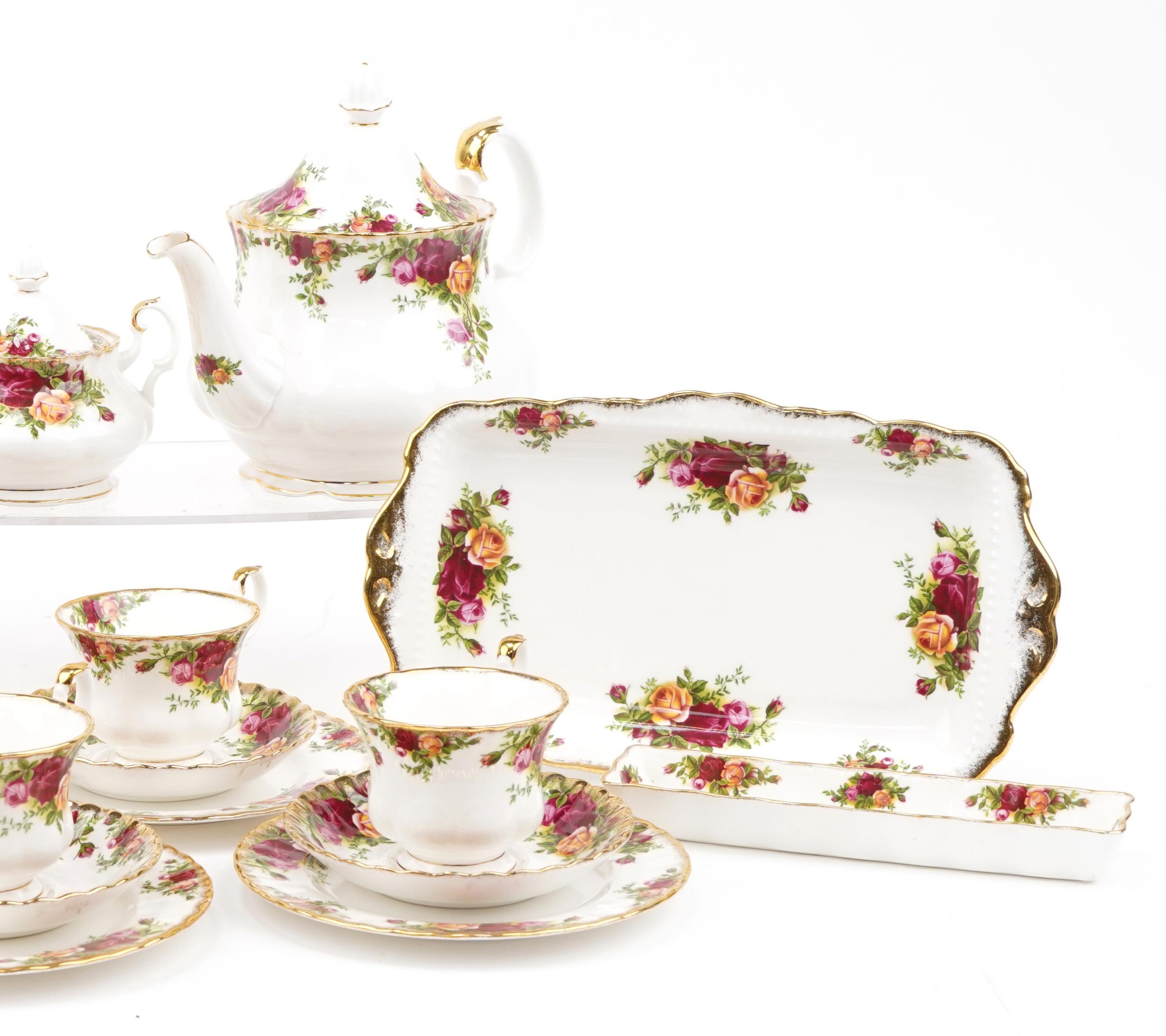 Royal Albert Old Country Roses six place tea service with teapot, lidded sugar bowl and milk jug, - Image 6 of 8