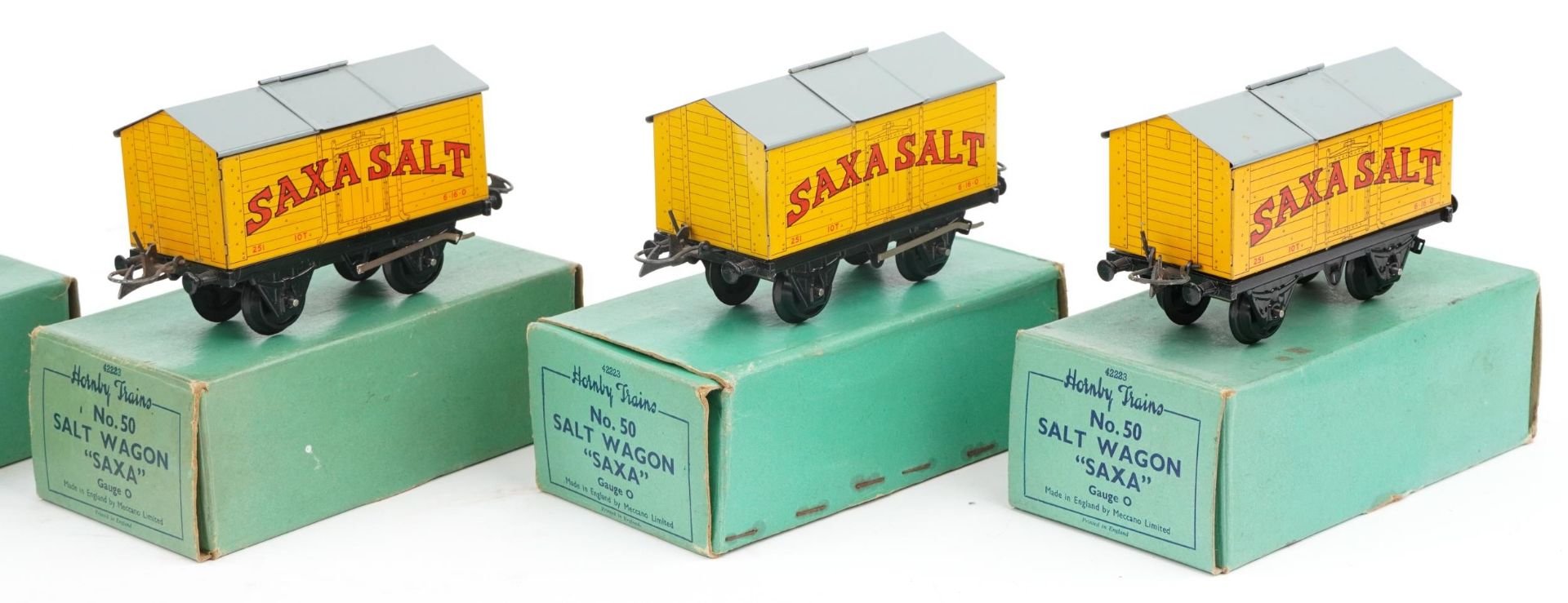 Six Hornby O gauge tinplate model railway no 50 Saxa salt wagons with boxes - Image 3 of 5