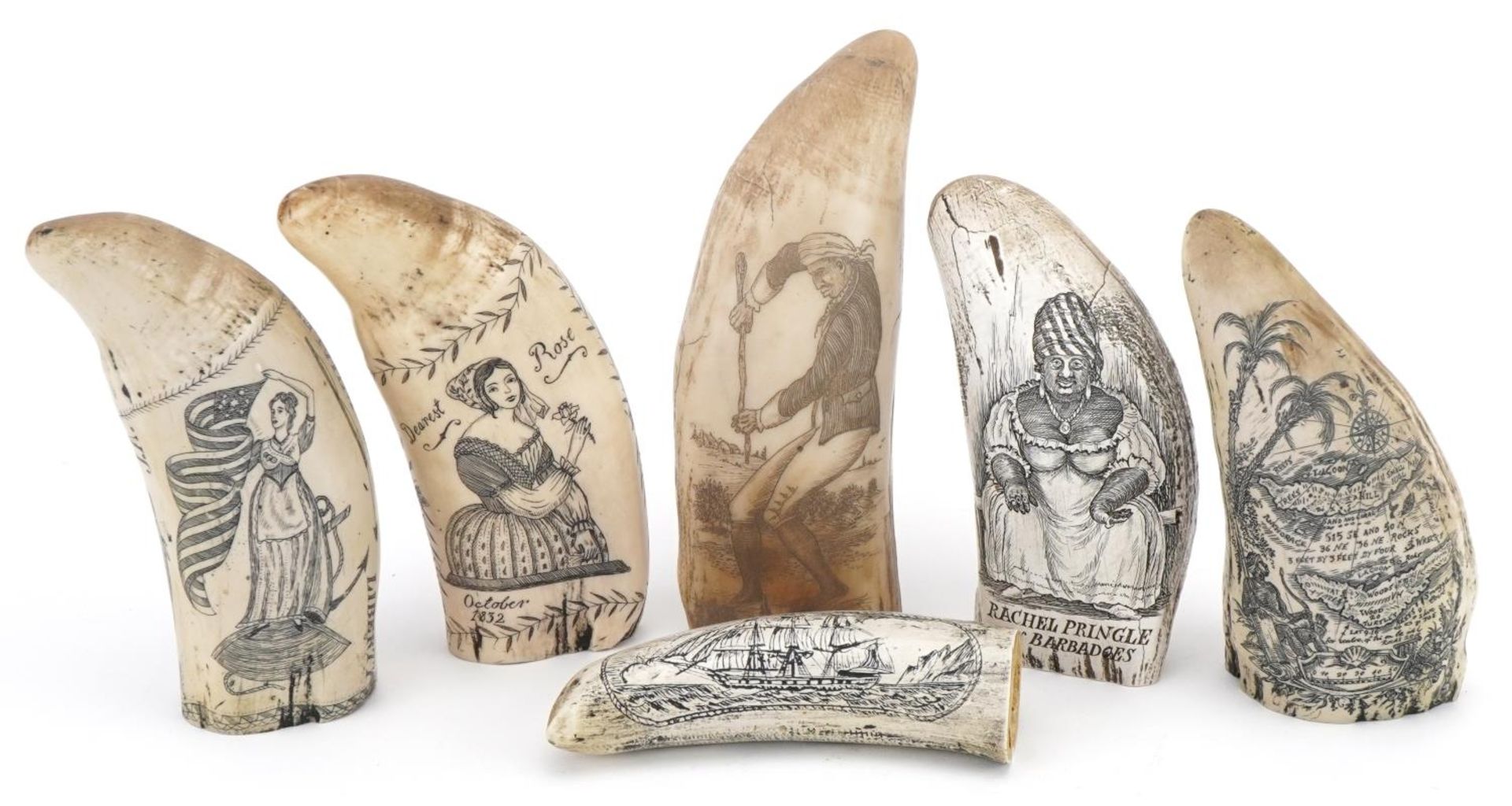 Six scrimshaw style decorative tusks decorated with figures and ships, the largest 16cm high - Bild 2 aus 14