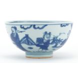 Chinese blue and white porcelain bowl hand painted with figures, six figure character marks to the