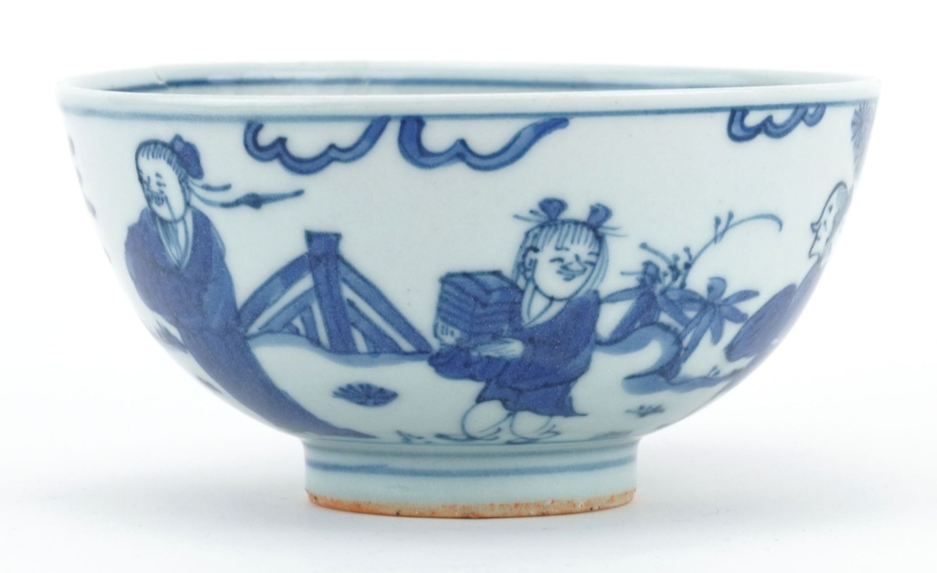 Chinese blue and white porcelain bowl hand painted with figures, six figure character marks to the