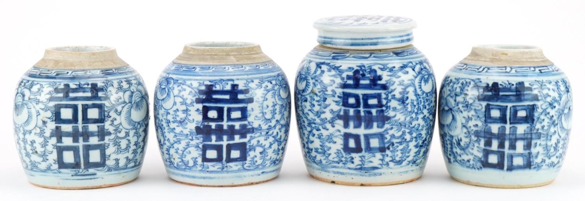 Four Chinese blue and white porcelain ginger jars, one with lid, each hand painted with flowers, the - Image 8 of 12