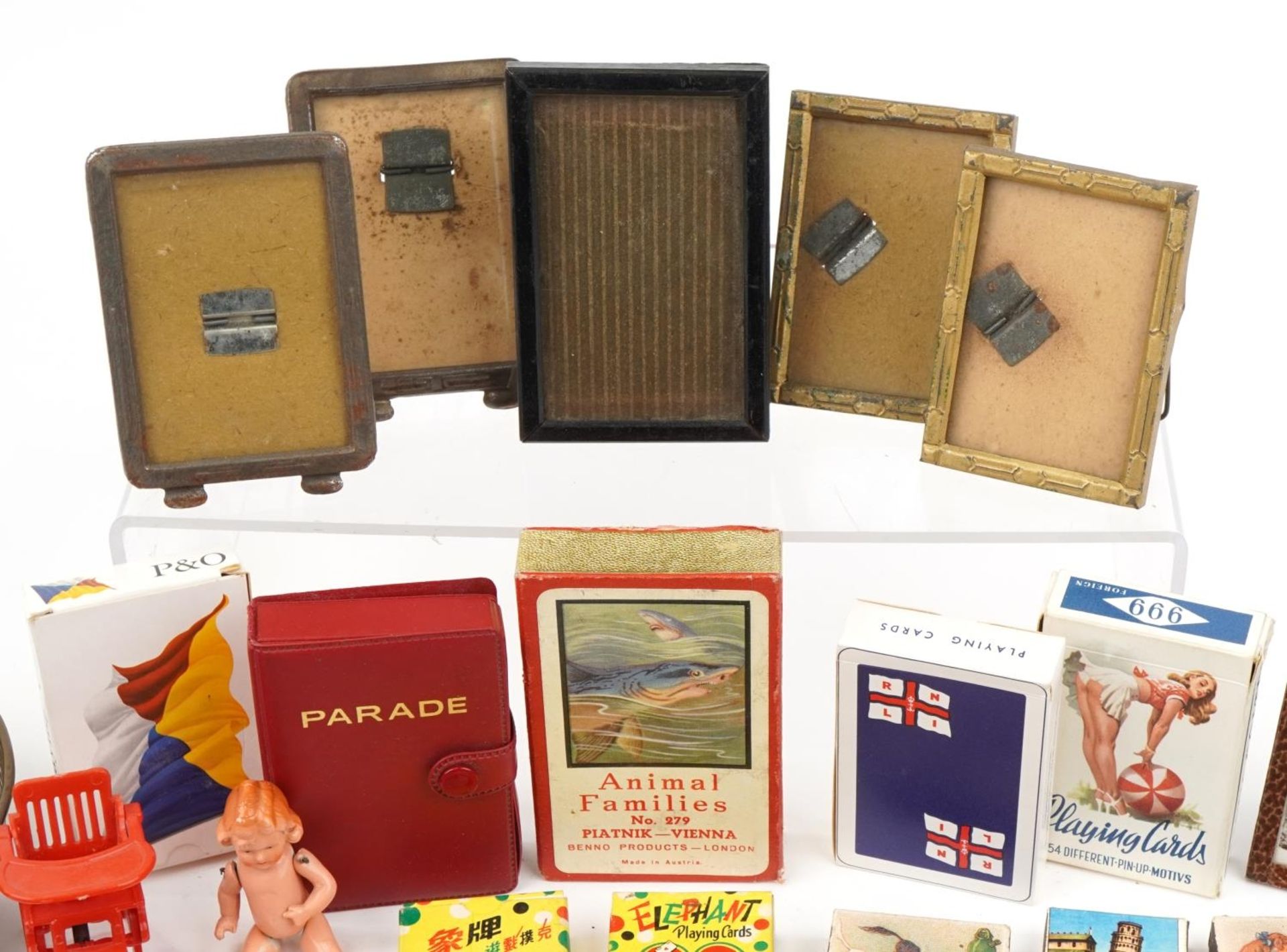 Sundry items including photo frames, playing cards, miniature German porcelain doll, padlocks and an - Bild 3 aus 4