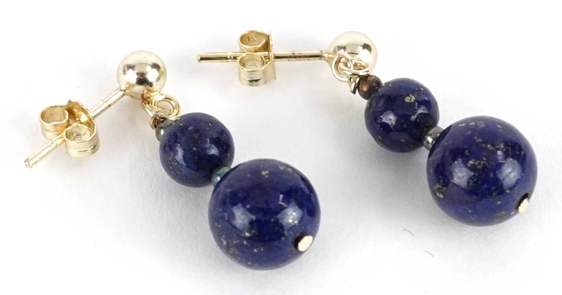 Pair of silver gilt lapis lazuli graduated drop earrings, 2.6cm high, 3.1g - Image 2 of 2