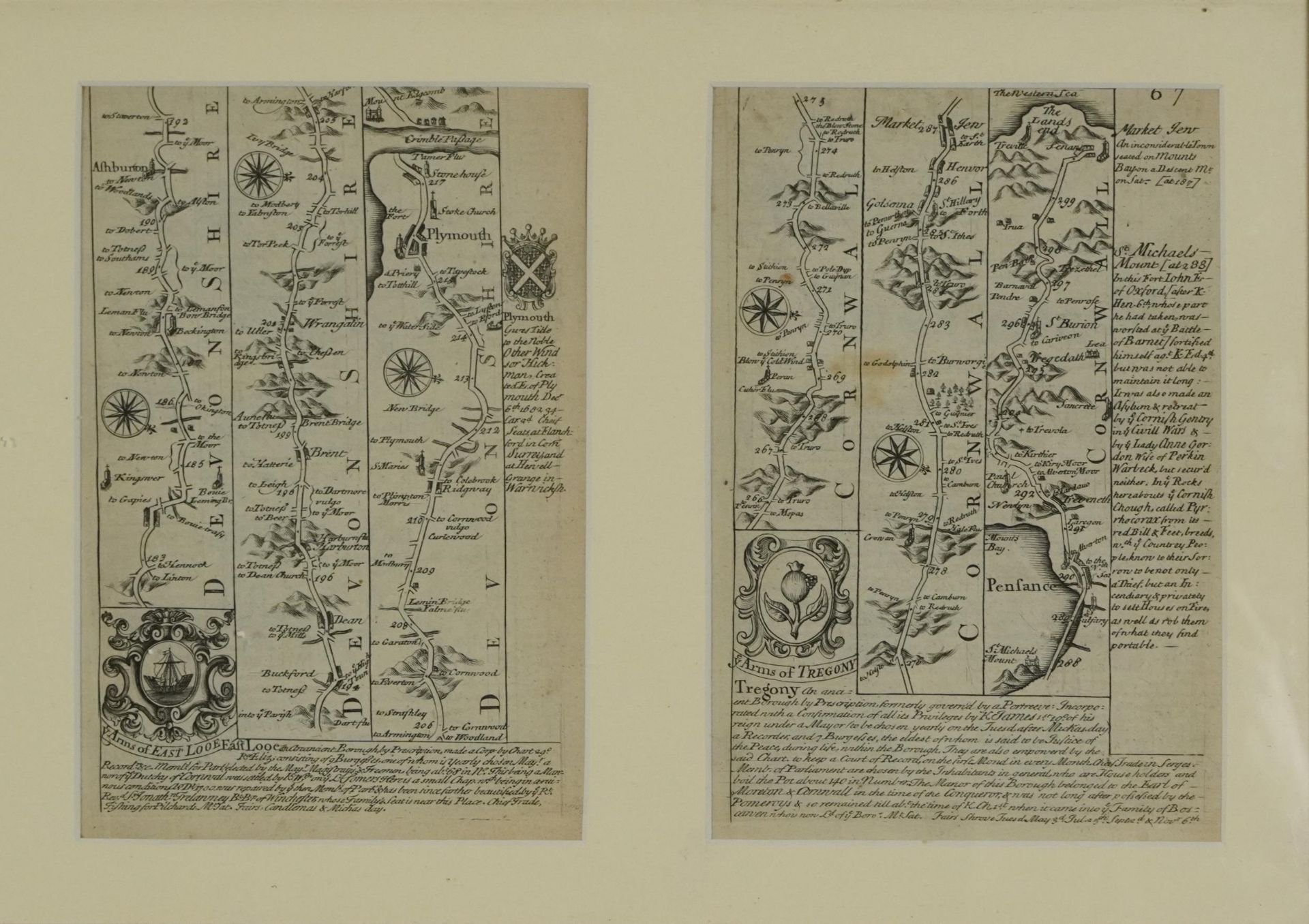The Road from London to Newhaven and The Road from London to Land's End Cornwall, set of four 18th - Image 4 of 7