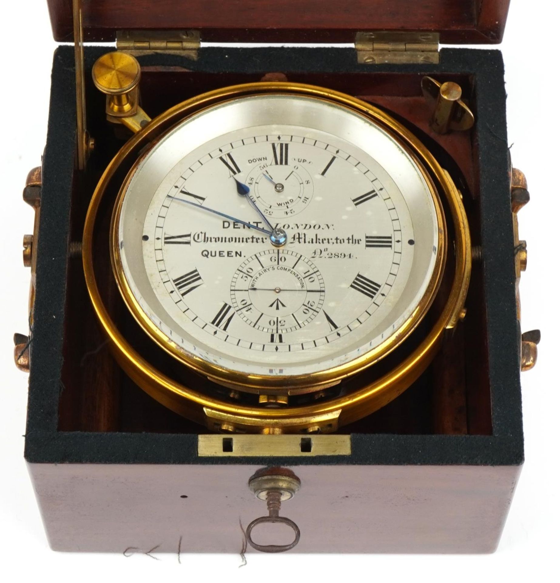 Dent of London, 19th century military issue brass marine chronometer with silvered dial having Roman - Image 5 of 24
