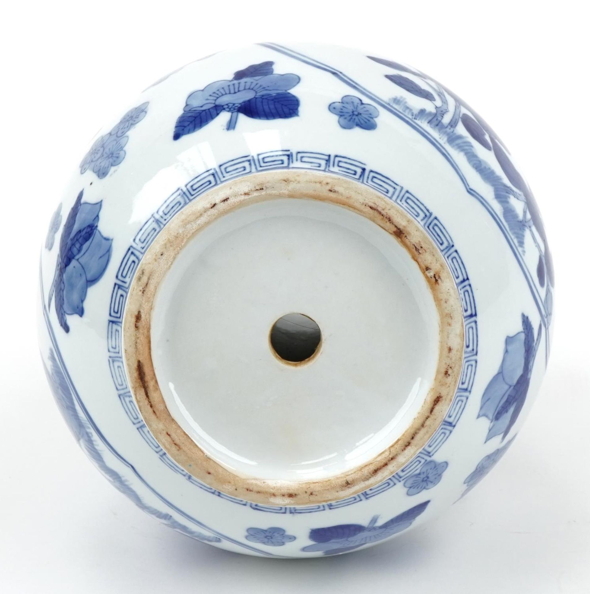 Chinese blue and white porcelain vase with dragon handles raised on a hardwood stand, decorated with - Image 6 of 6