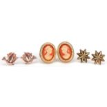 Two pairs of gold stud earrings including a cameo maiden head example and a silver gilt pair, the