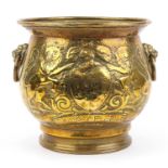 Early Victorian log bucket with ring turned lion head handles having embossed coat of arms with