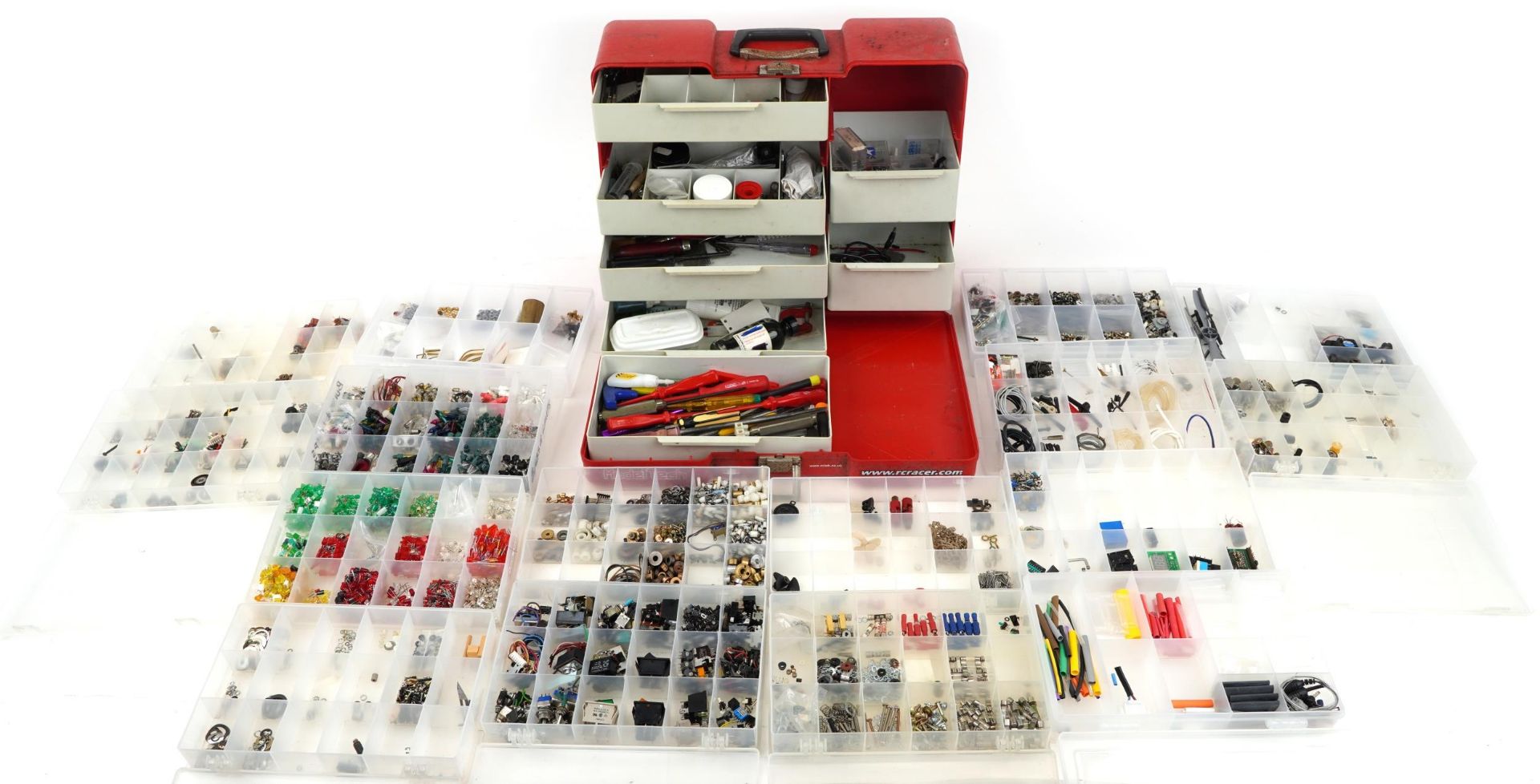 Large collection of model radio controlled electrical parts and fittings including fuses,