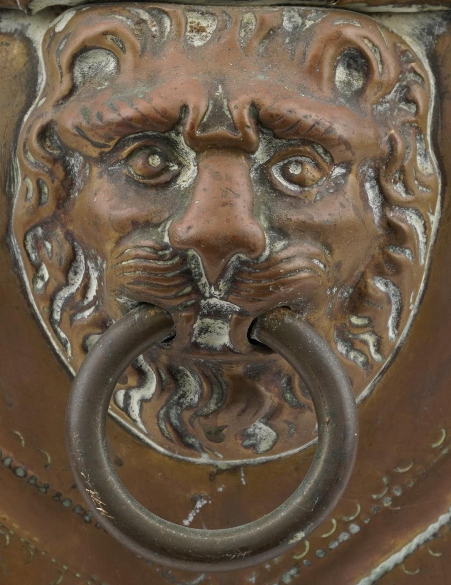 Large Victorian copper coal bucket with lion mask ring handles and raised on three lion paw feet, - Image 3 of 4