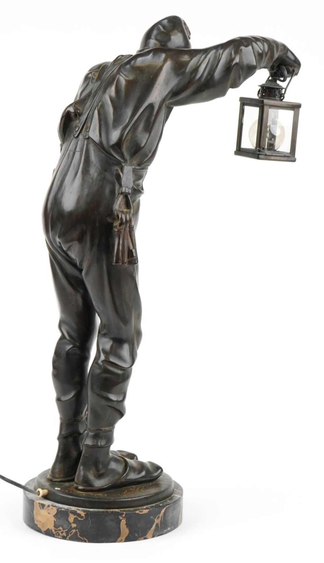 Franz Bernauer, early 20th century patinated bronze lamp in the form of a night watchman holding a - Bild 7 aus 10