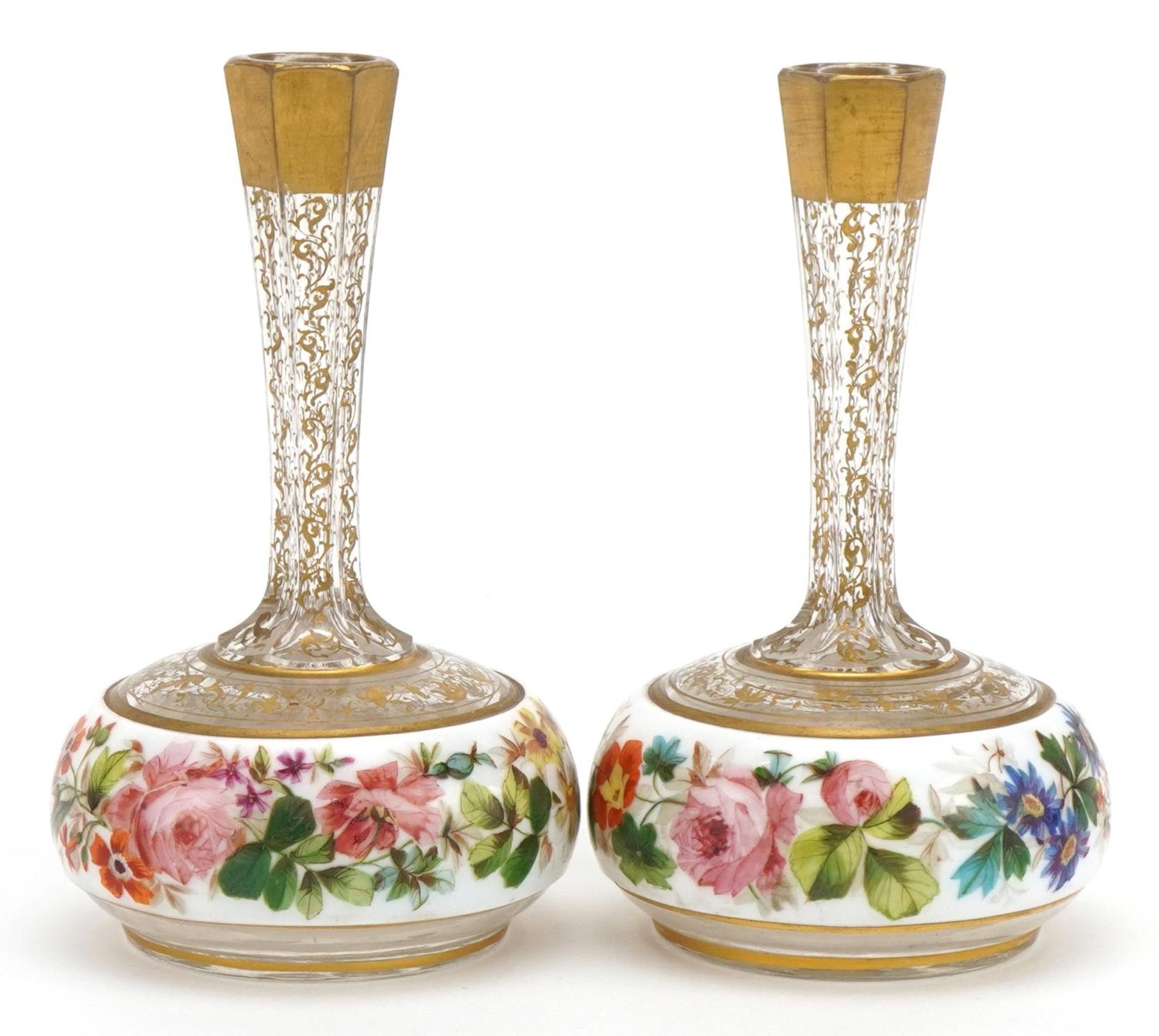 Pair of 19th century Bohemian white overlaid glass vases hand painted and gilded with flowers, - Image 2 of 3