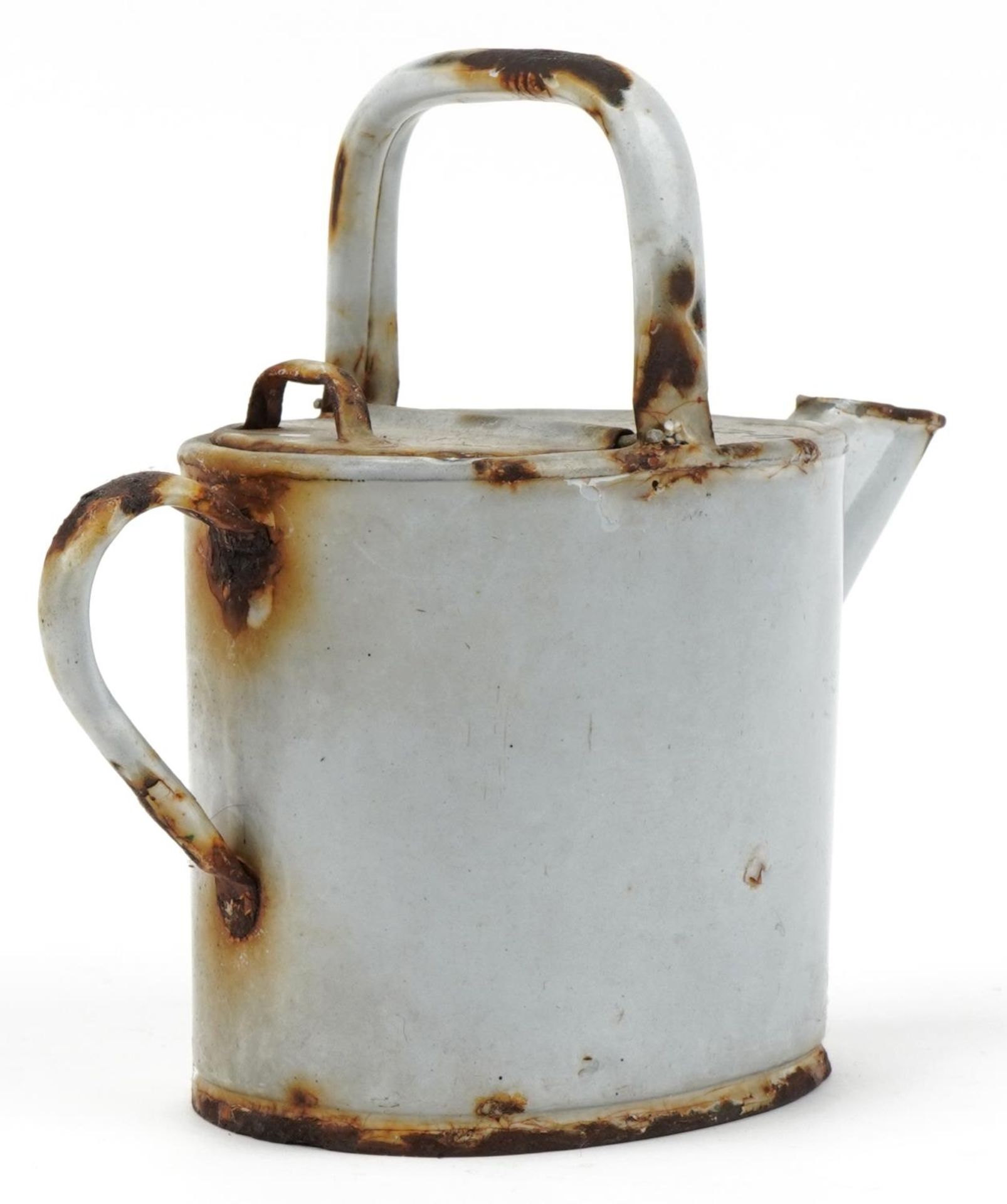 American military interest enamel watering can stamped U-C M S Co, 28.5cm in length - Image 2 of 3