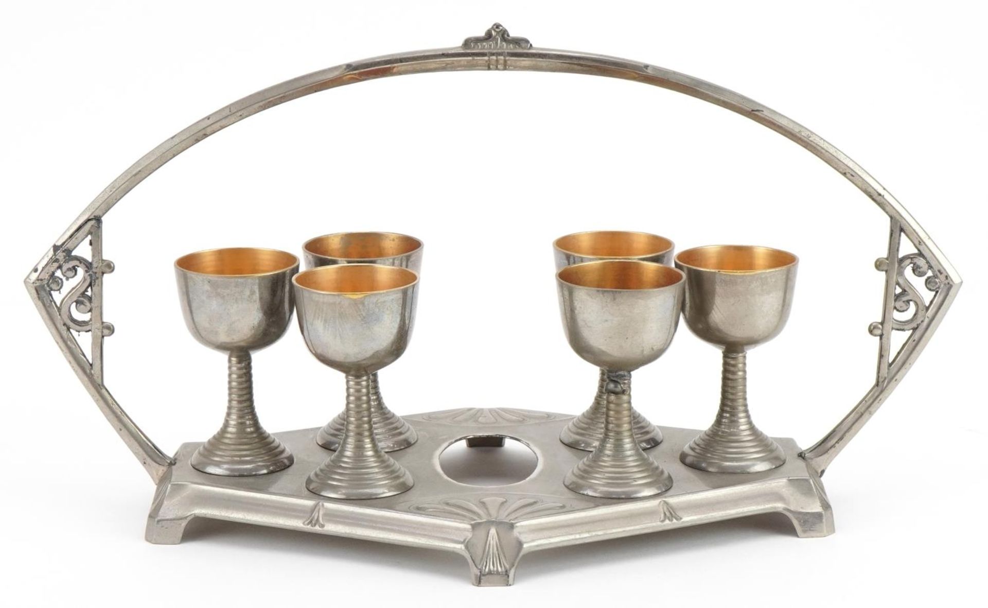 Manner of WMF, German Art Nouveau pewter egg cup stand with six eggcups, 31cm wide - Bild 3 aus 10