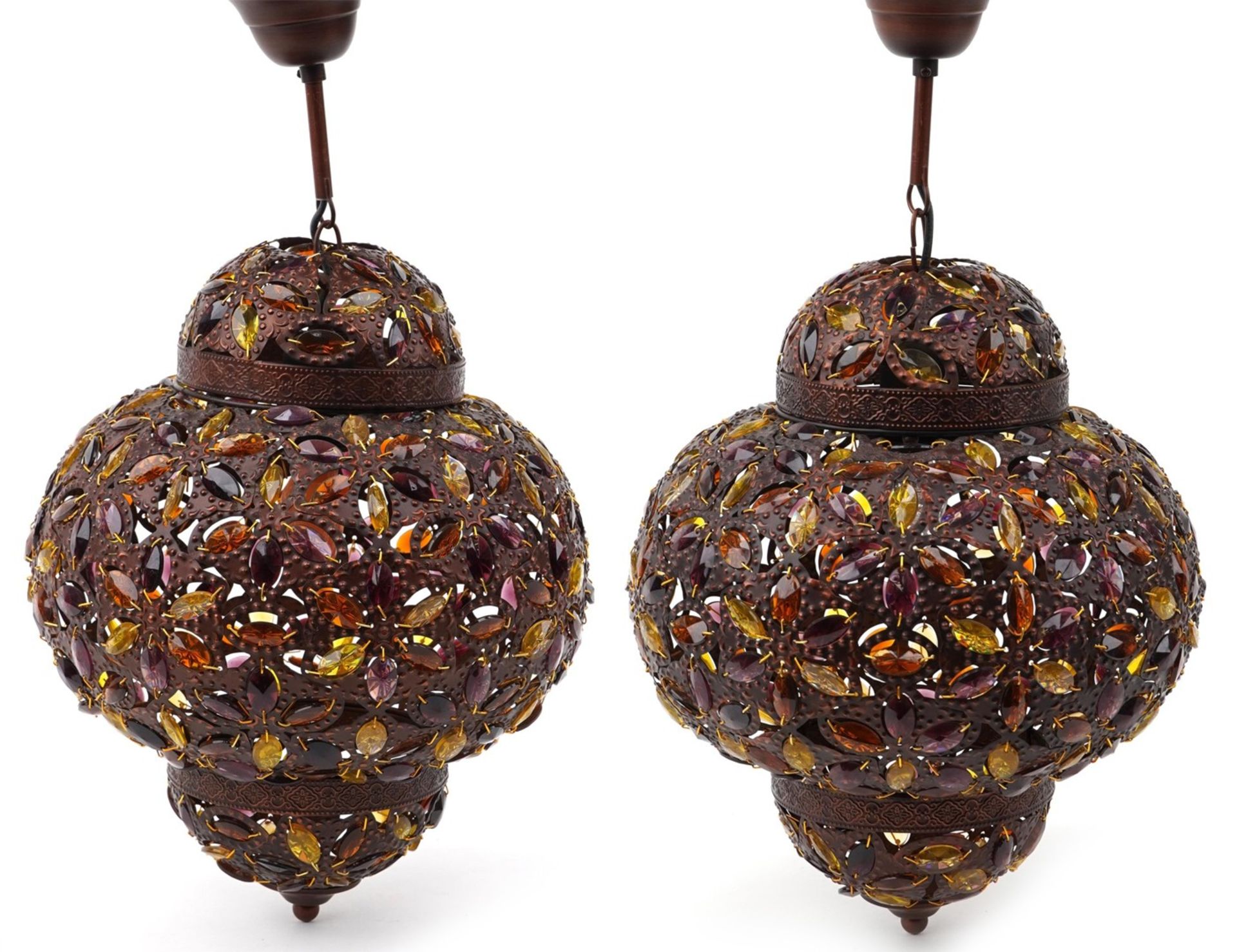 Pair of Moroccan bronzed light pendants with coloured glass beads, 50cm high