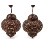 Pair of Moroccan bronzed light pendants with coloured glass beads, 50cm high