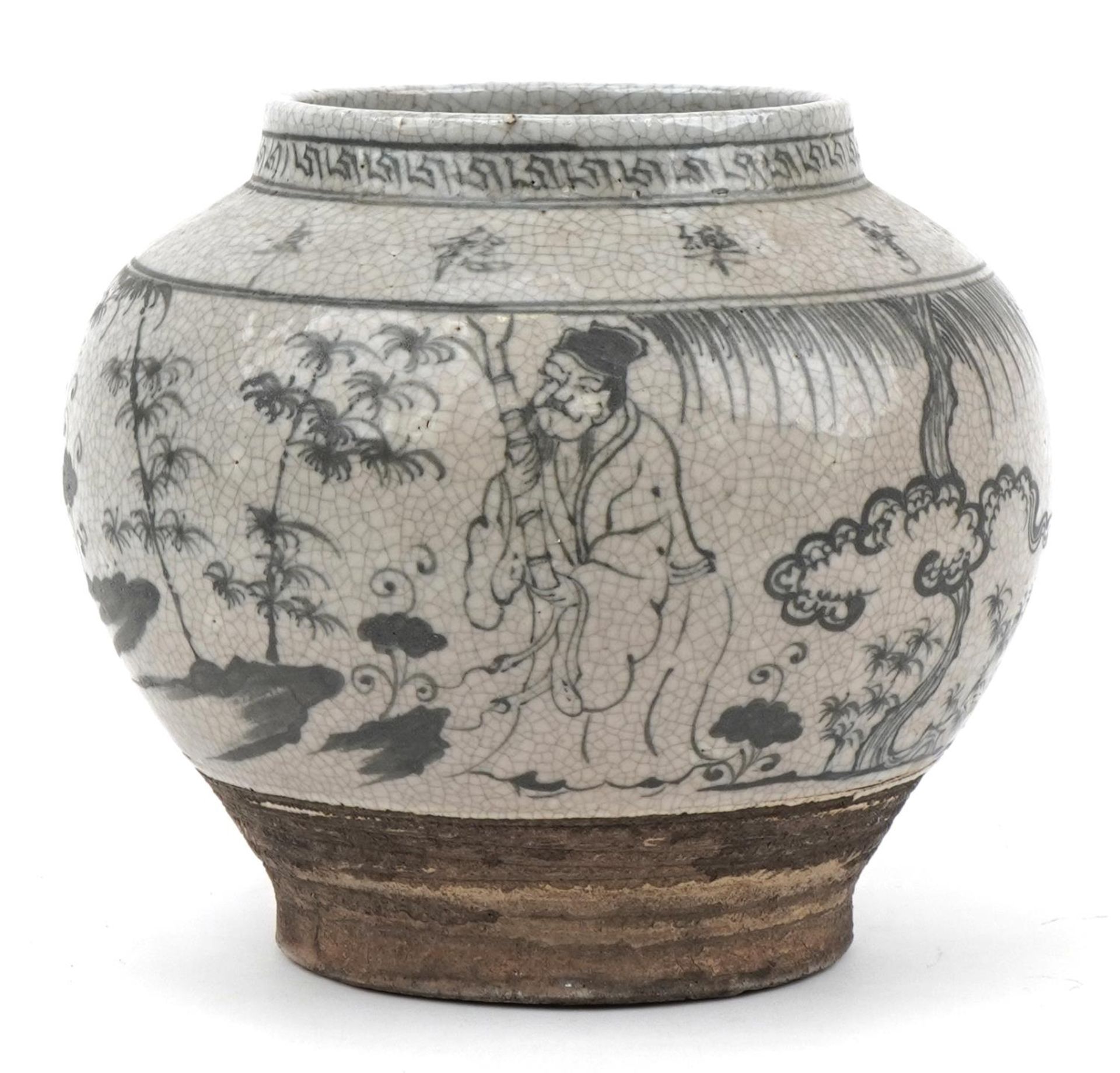 Chinese archaic style baluster jar hand painted with immortals in a landscape, 22cm high
