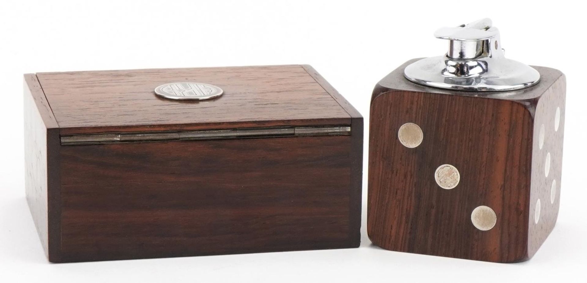 Hans Hansen, Danish rosewood and 925S silver dice table lighter and cigar box, the largest 11cm wide - Image 6 of 10