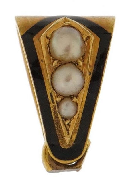 Victorian unmarked gold black enamel and pearl mourning suspension loupe, 1.3cm high, 2.2g