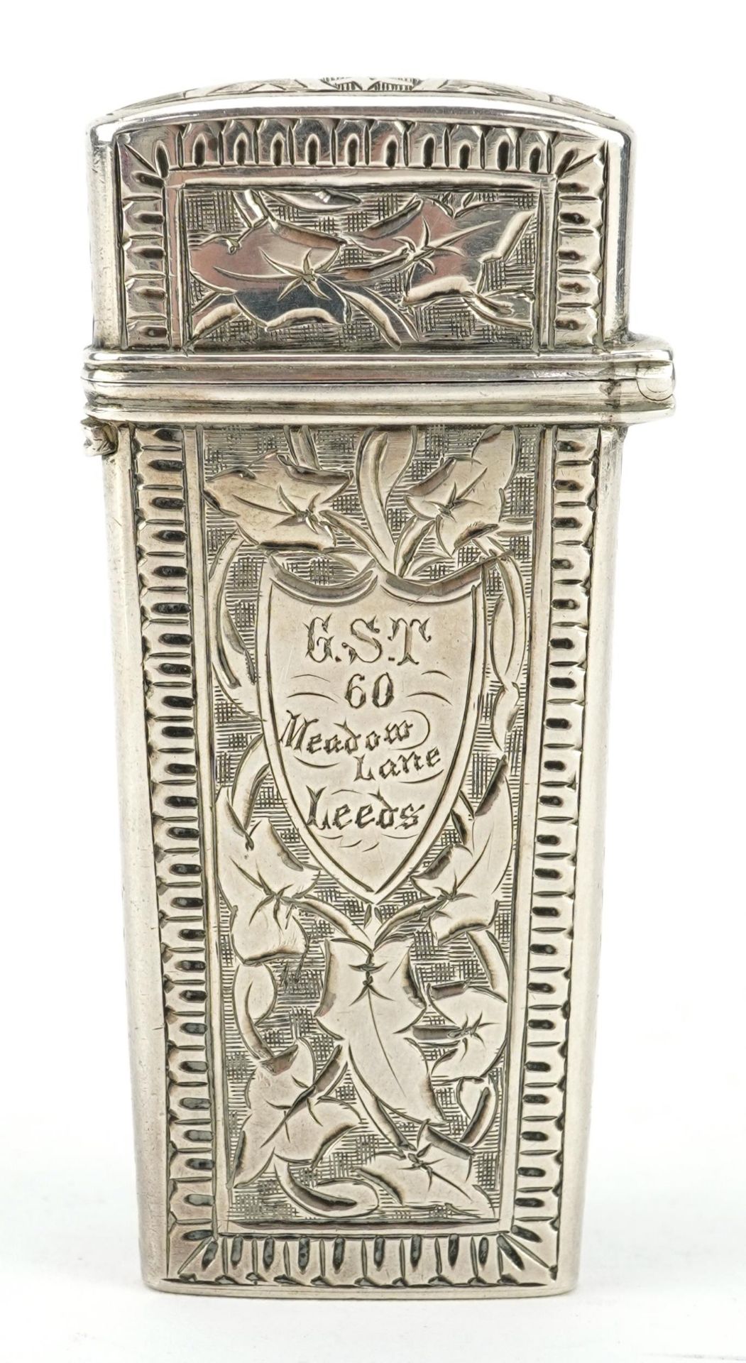 Hilliard & Thomason, Victoria silver needle case engraved with ivy leaves on vines, Birmingham 1878,