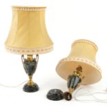 Pair of French style brass and green marble table lamps with silk lined shades, each 54cm high