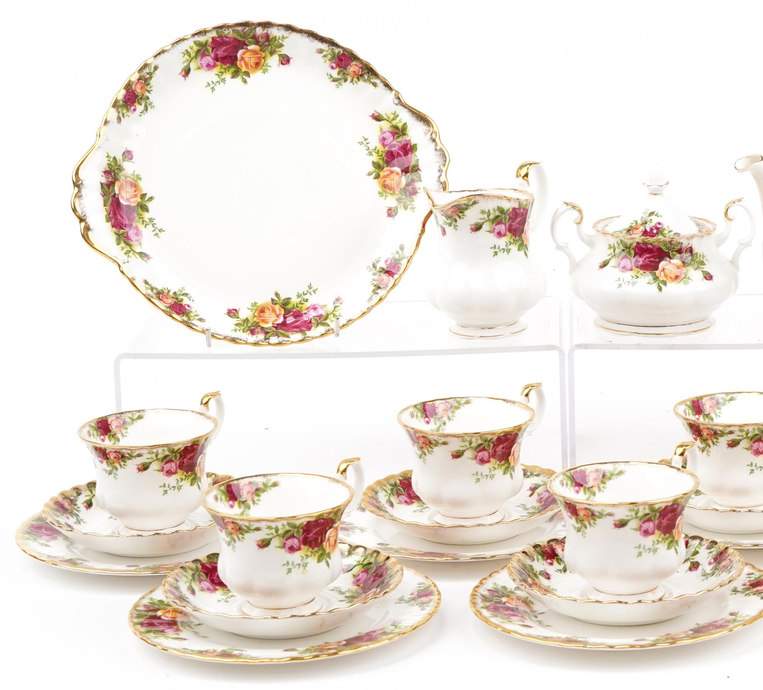 Royal Albert Old Country Roses six place tea service with teapot, lidded sugar bowl and milk jug, - Image 3 of 8