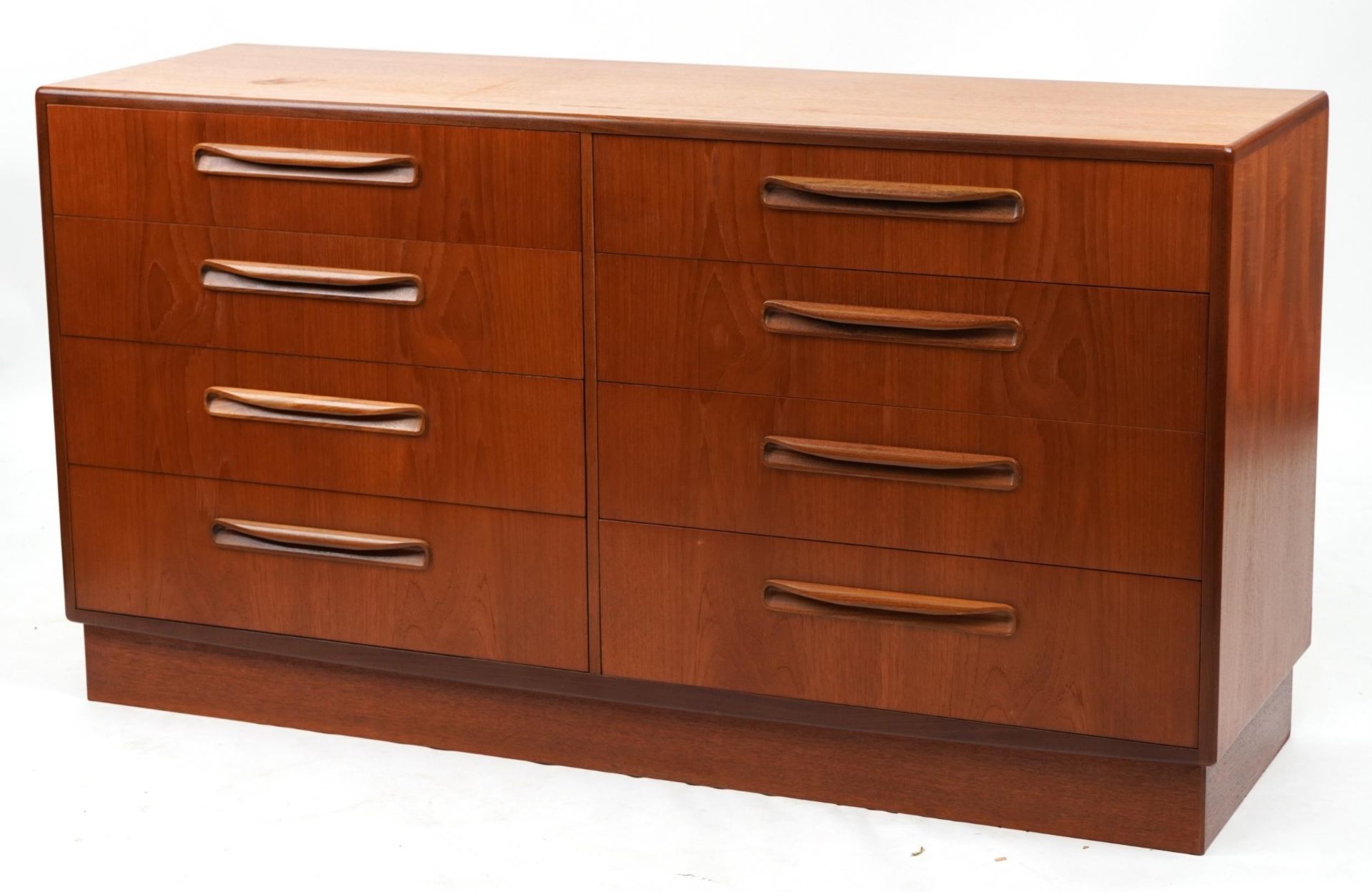 Mid century G Plan Fresco teak eight drawer chest, 76cm H x 142cm W x 44cm D