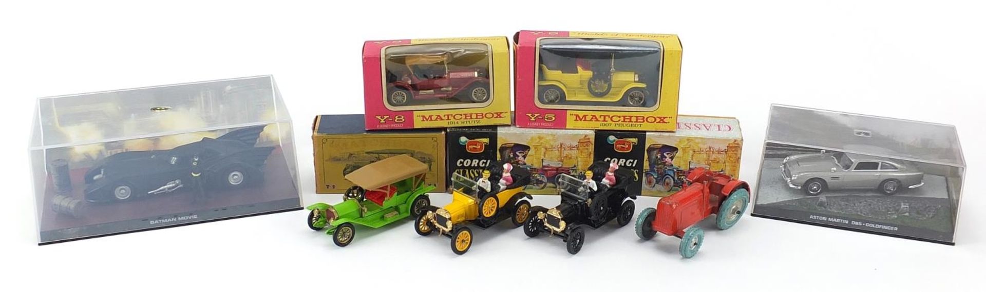 Eight diecast vehicles, seven with boxes including Corgi 1915 Ford 9013, Matchbox 1907 Peugeot and