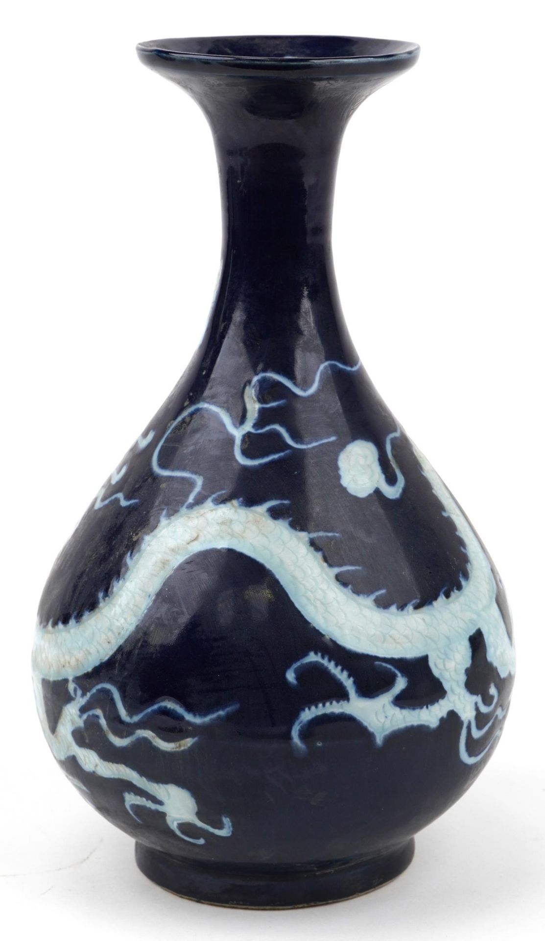 Chinese porcelain vase having a blue glaze decorated in low relief with a dragon chasing the flaming - Image 2 of 7