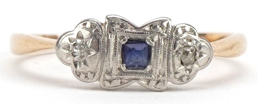Art Deco 9ct gold and platinum sapphire and diamond three stone ring, size P, 1.8g