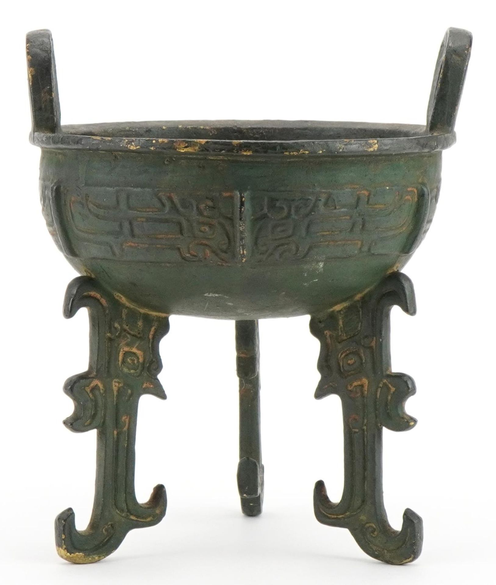 Chinese archaic style bronzed tripod censer with twin handles, 18cm high