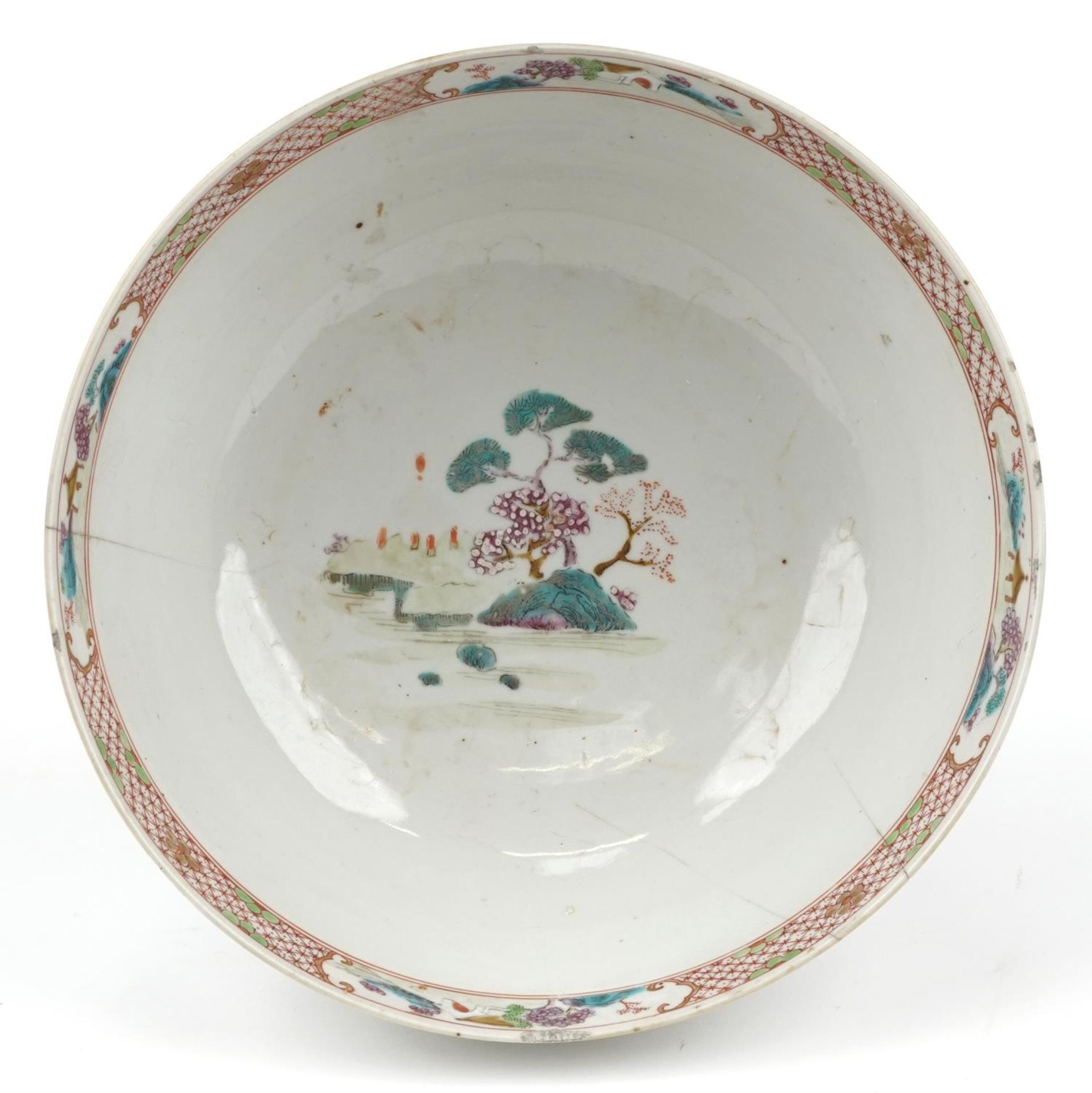 Large Chinese porcelain footed bowl hand painted in the famille rose palette with a continuous river - Image 6 of 8