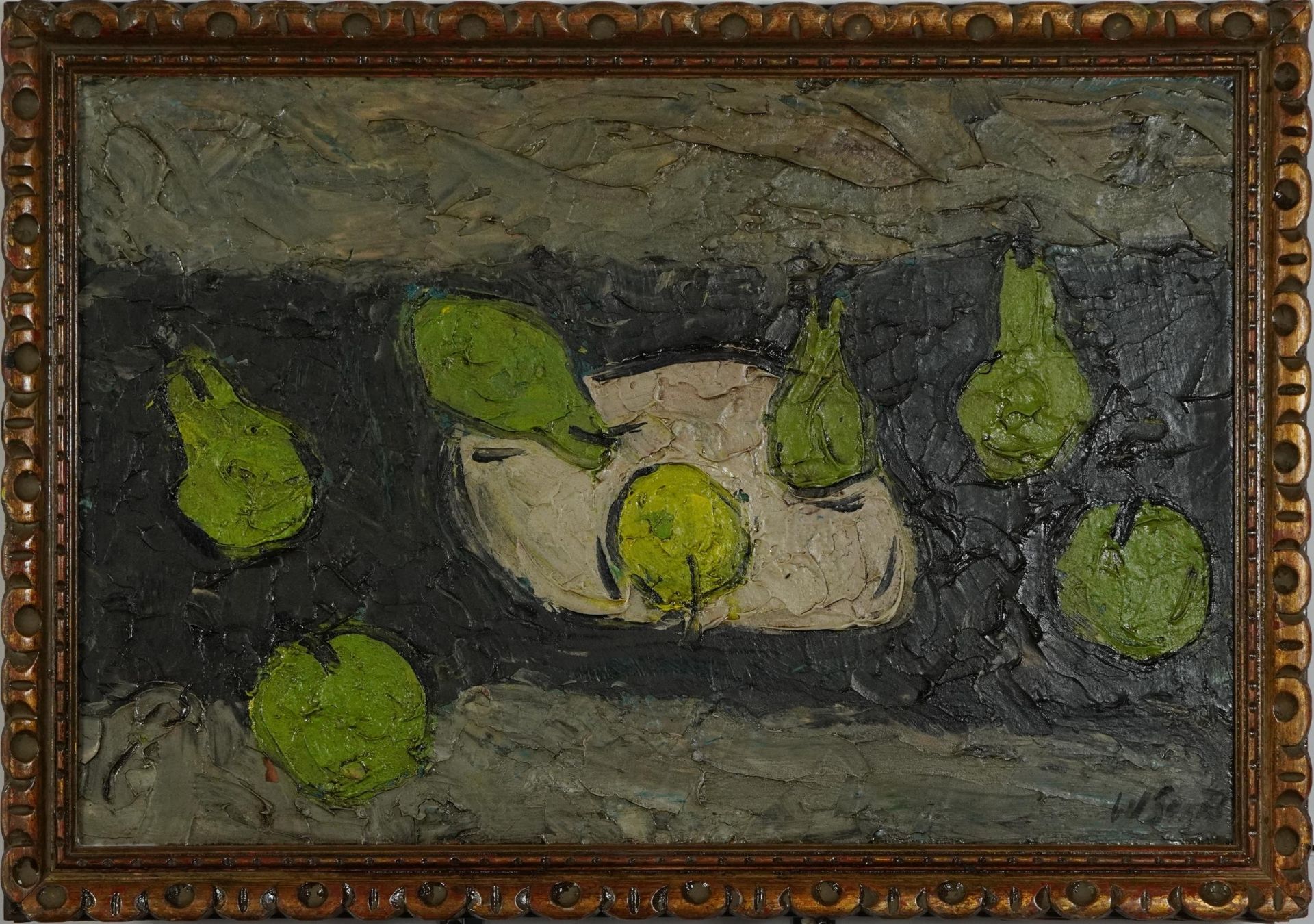 Manner of William Scott - Abstract composition, still life fruit, impasto oil on board, mounted - Image 2 of 4