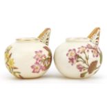 Royal Worcester, pair of Victorian blush ivory vases with pierced handles, each decorated with