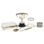 Silver objects including a cigarette box, twin handled trophy and mother of pearl folding fruit