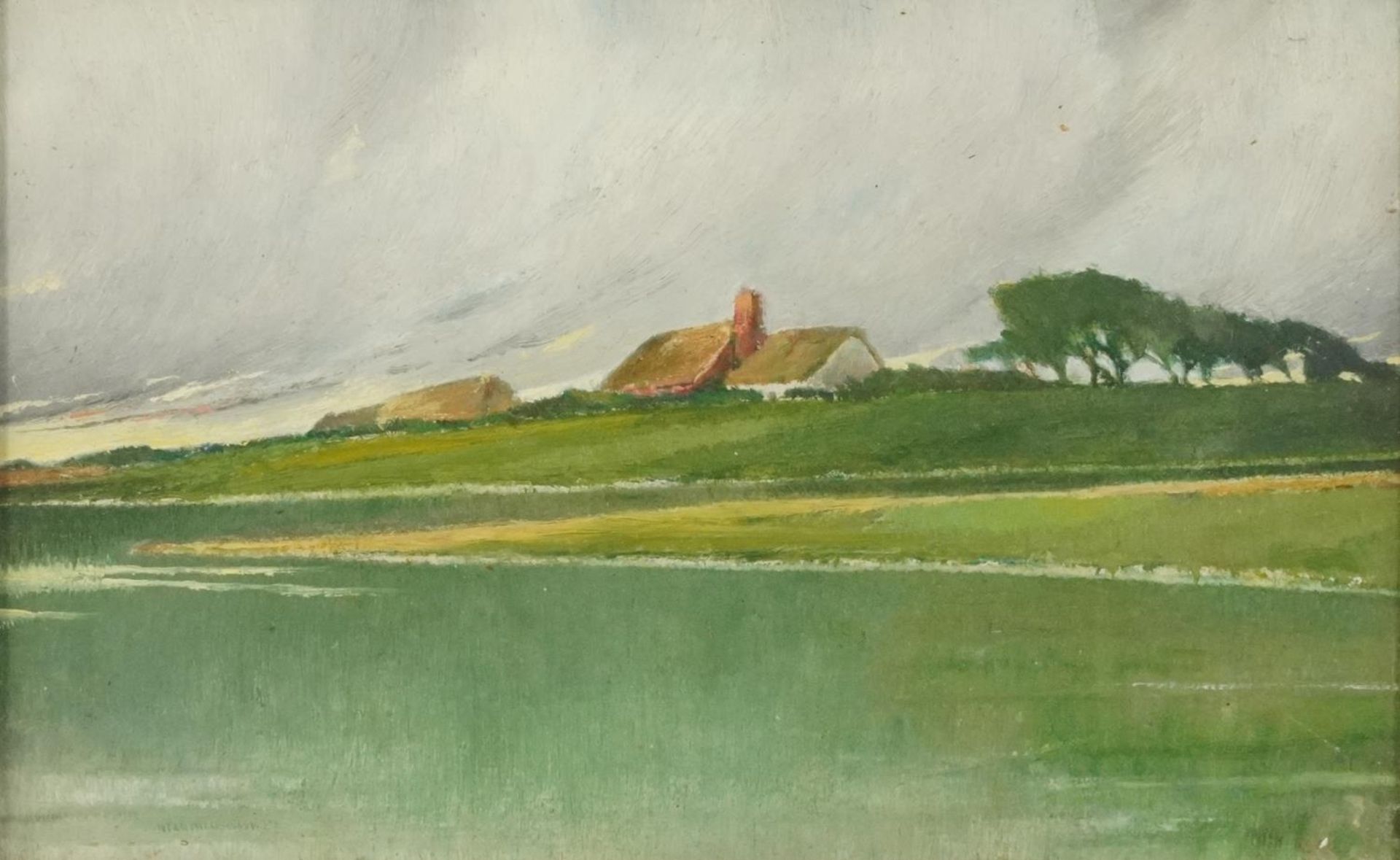 Windswept landscape with thatched cottages, oil on board, various inscriptions and Winsor & Newton