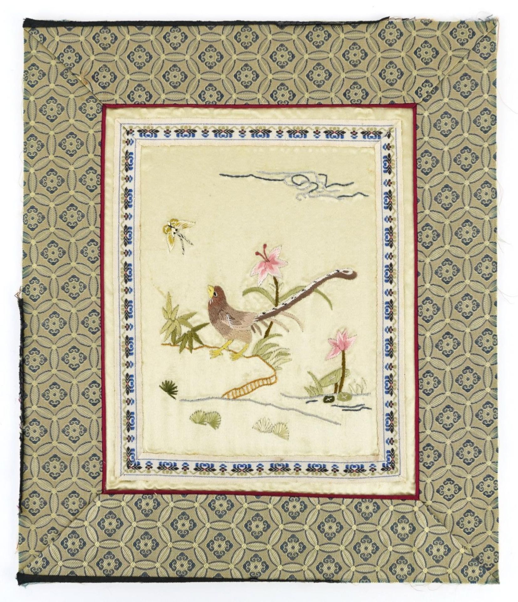 Butterflies and flowers, three Chinese embroidered silk textiles, unframed, 29.5cm x 25.5cm - Image 5 of 9