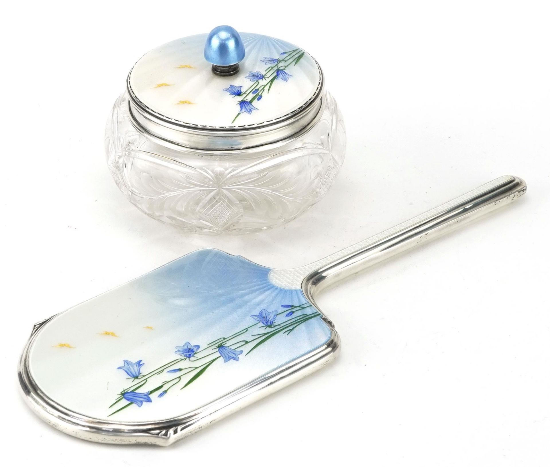 Albert Carter, Art Deco style silver and guilloche enamel dressing table mirror and powder pot - Image 3 of 8