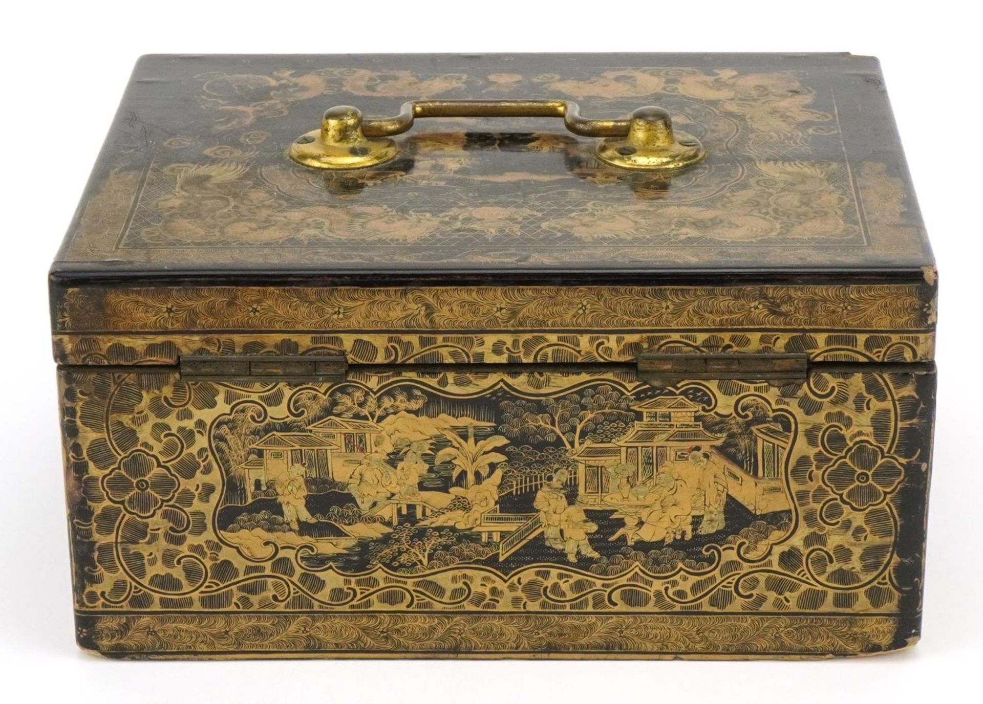 Chinese black lacquered tea caddy with pewter liner, finely gilded with dragons and figures, 10. - Image 6 of 9