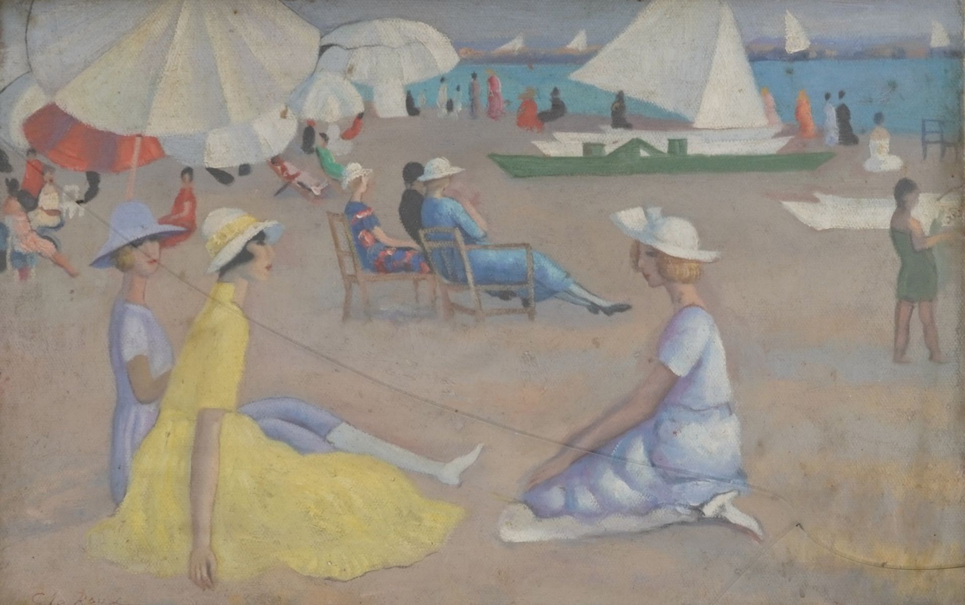 Seated females on a beach, French school oil on board, mounted and framed, 42cm x 27.5cm excluding