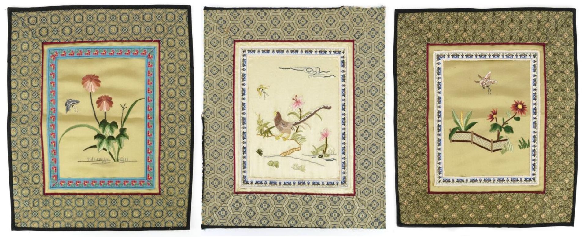 Butterflies and flowers, three Chinese embroidered silk textiles, unframed, 29.5cm x 25.5cm