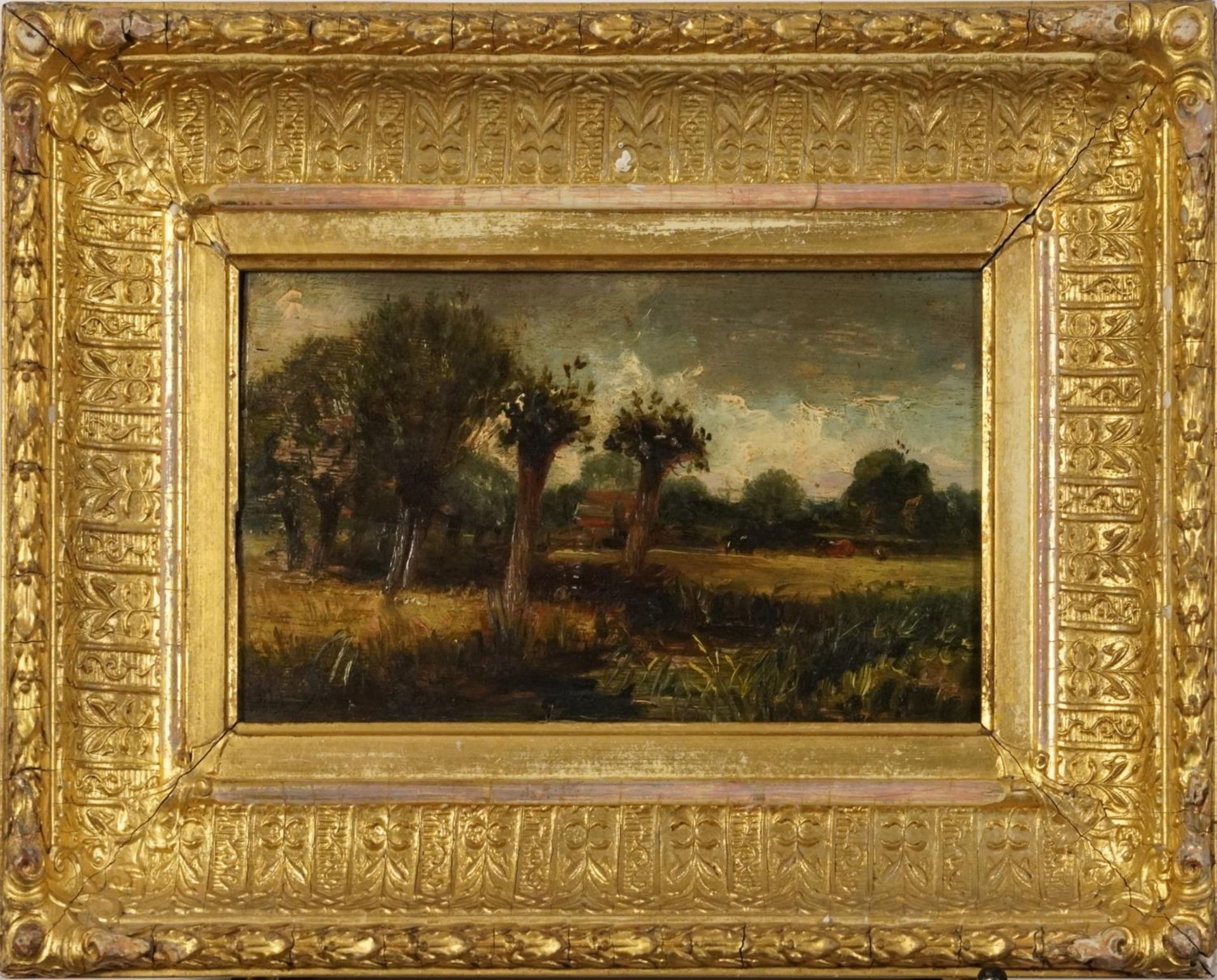 Cattle grazing in a landscape, oil on wood panel, indistinctly inscribed in ink verso, mounted and - Bild 2 aus 4