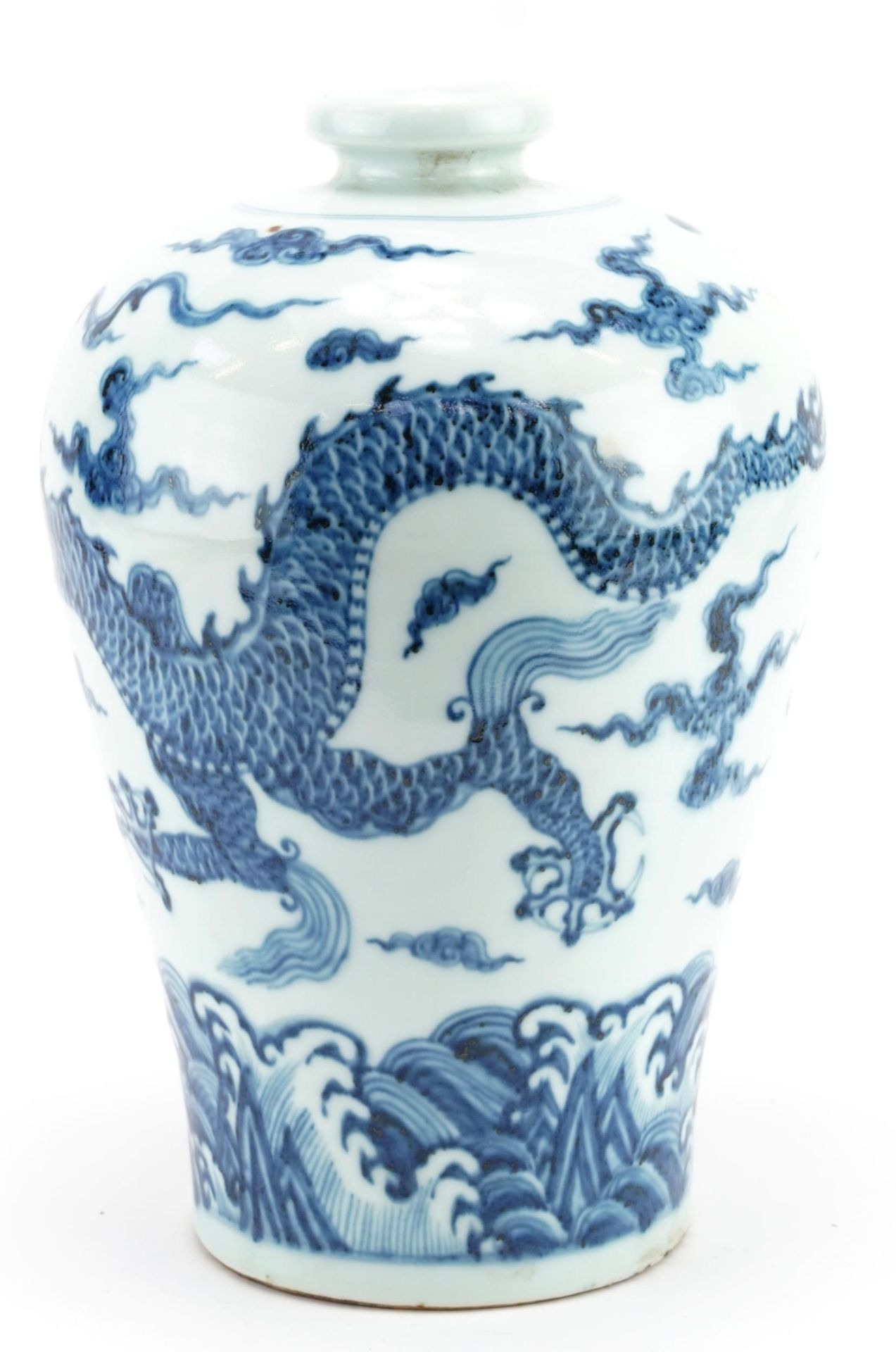 Chinese blue and white porcelain Meiping vase hand painted with a dragon chasing the flaming pearl - Image 2 of 3