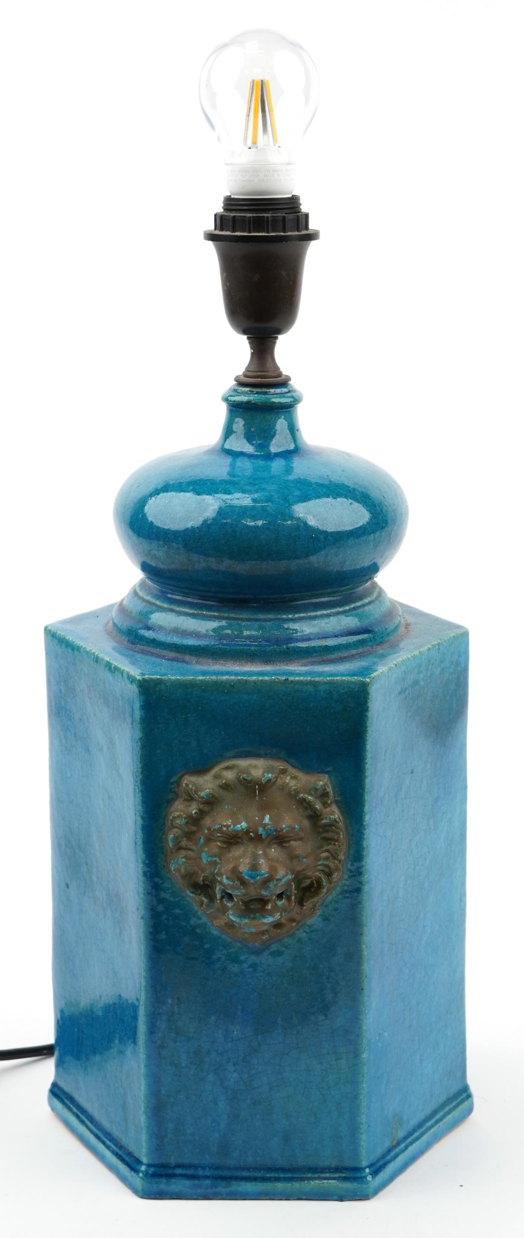 Chinese style turquoise glazed hexagonal table lamp with lion masks, 50cm high