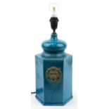 Chinese style turquoise glazed hexagonal table lamp with lion masks, 50cm high