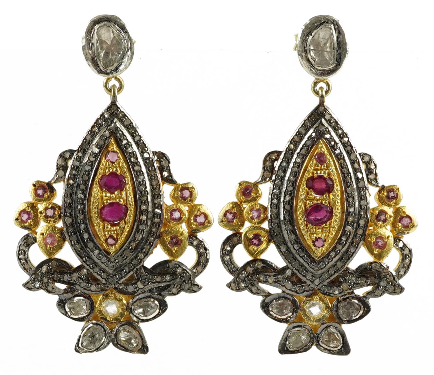 Pair of large Indian silver gilt diamond drop earrings set with rubies and garnets, 5cm high, 23.0g