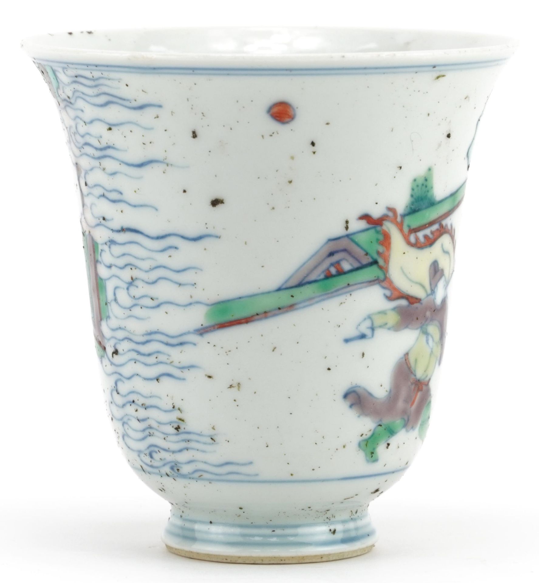 Chinese porcelain doucai cup hand painted with an emperor with attendants in a palace setting, six - Image 3 of 5